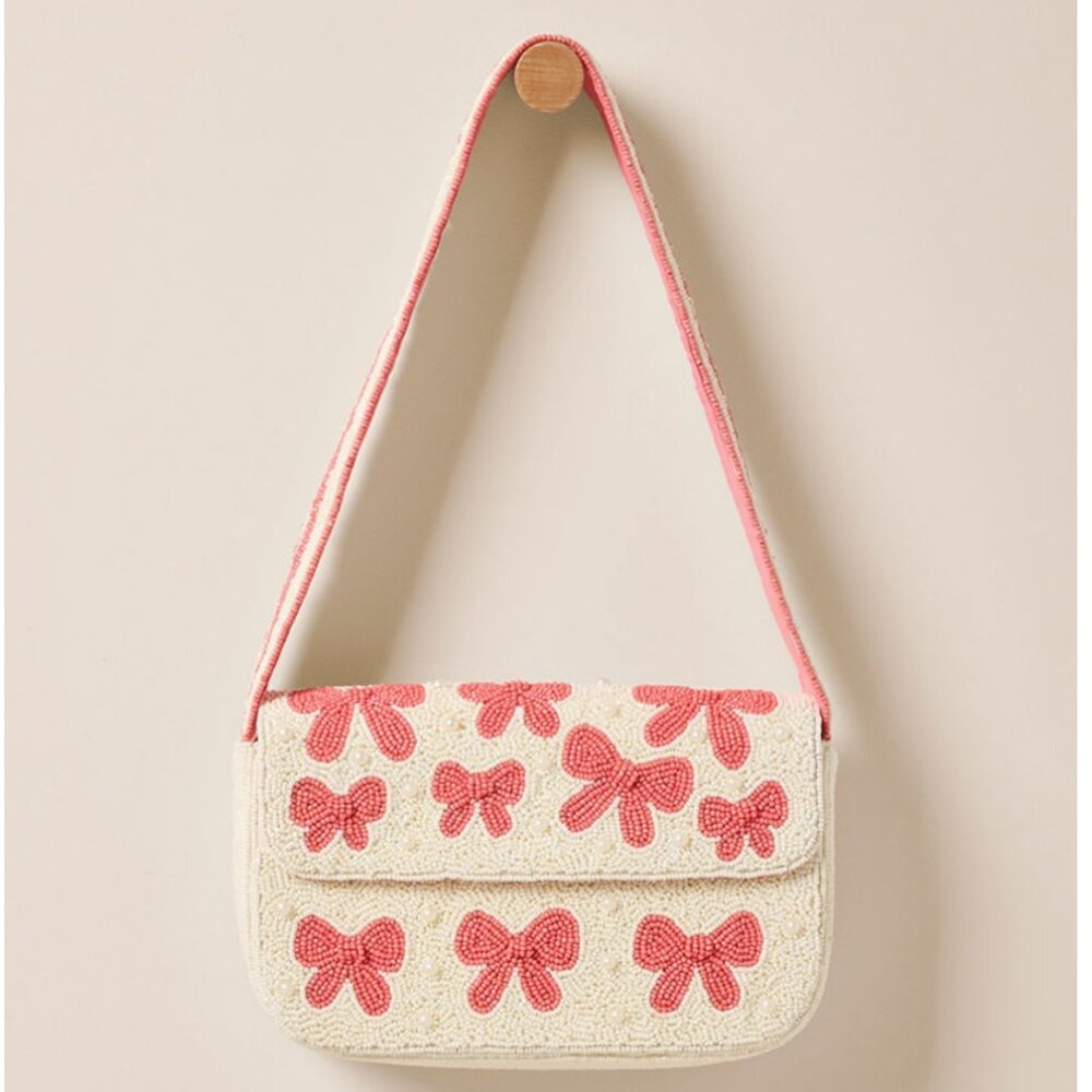 NWT Francesca’s Eva Bow Beaded Shoulder Bag Cream & Pink Factory Wrapped